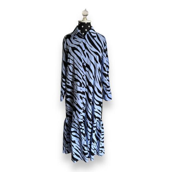 Zara Womens Dress Sz M Powder Blue Black Zebra Animal Print Shirt Long - Picture 7 of 12